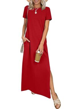 Women's Red Crewneck Summer Casual Maxi Dress Short Sleeve Split Long Sundress